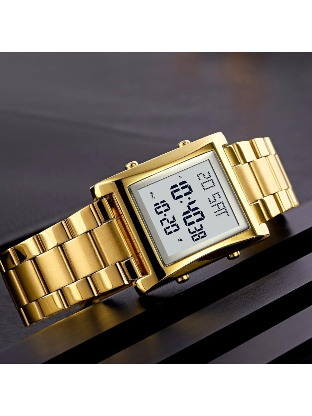 Men's Gold Waterproof Stainless Steel Digital Square Case Simple Wrist Watches - Picture 5 of 6